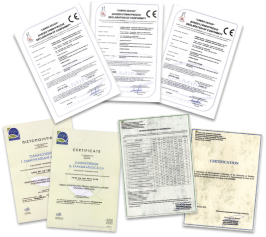 CAMINO DESIGN sertifikāti - CE, ISO 9001, ISO 14001, EN 303-5
